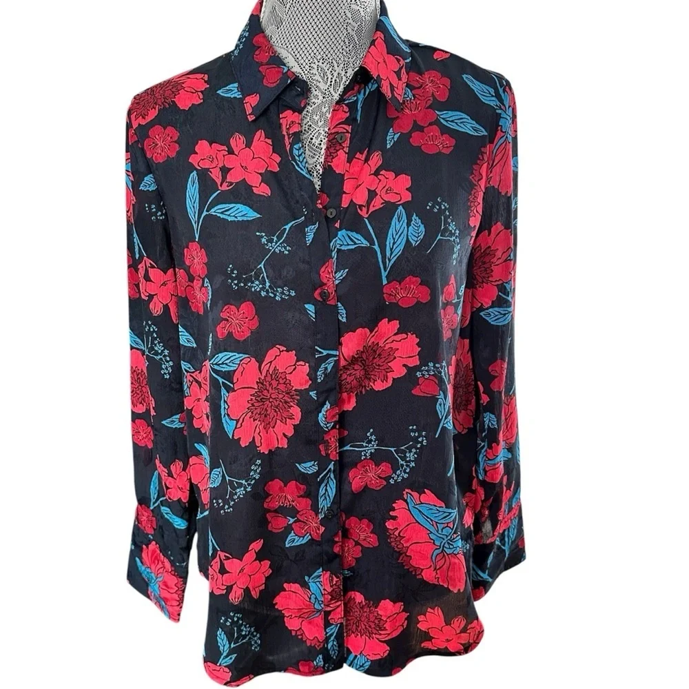 Zara Z1975 Semi-Sheer Maximalist Black Red Blue Bold Floral Blouse Size M - Picture 3 of 16